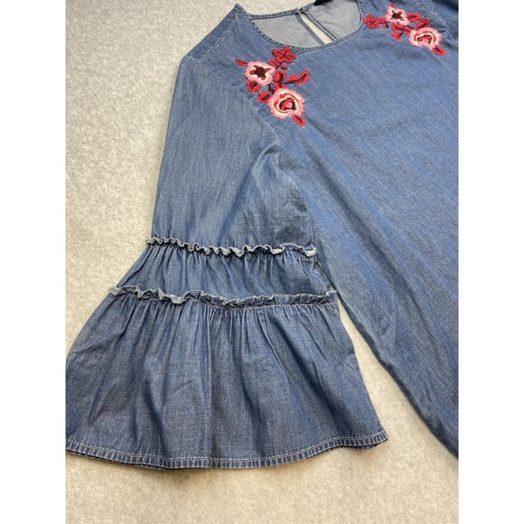 Express Womens Shirt Blouse Size Large Blue Embroidered Flowers Boho Hippie - Picture 3 of 9